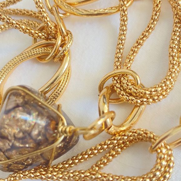 Mixed Chain Opera Length Necklace Wired Brown Lucite Stones - Picture 5 of 12